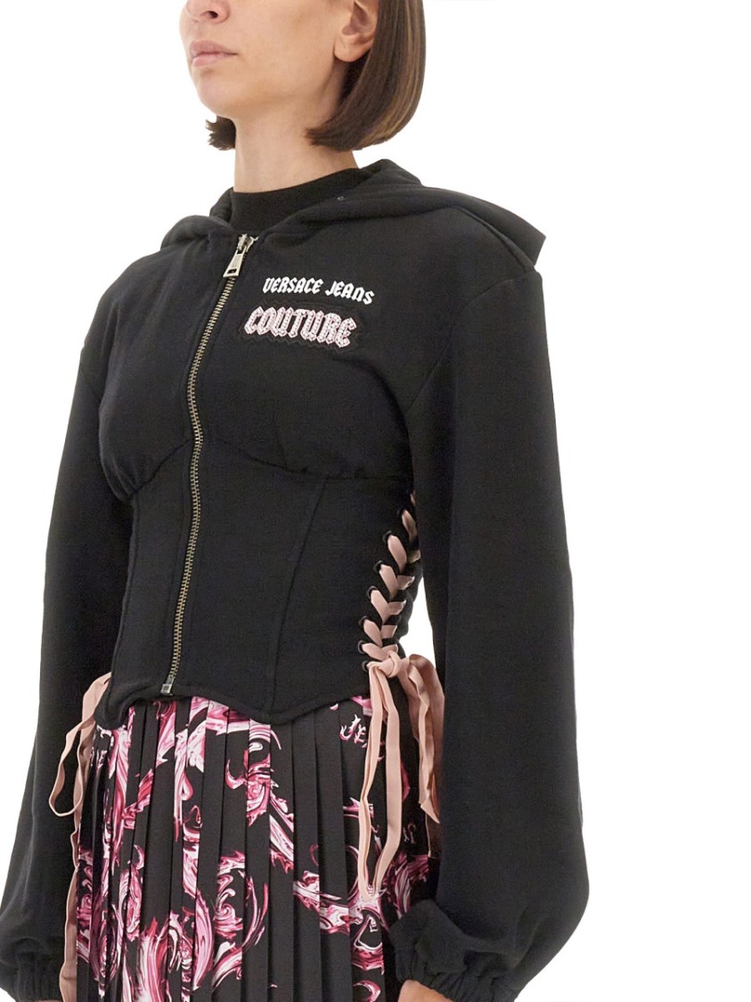Versace Jeans Couture Zip-up Black Sweatshirt With Laced Side Design In Black