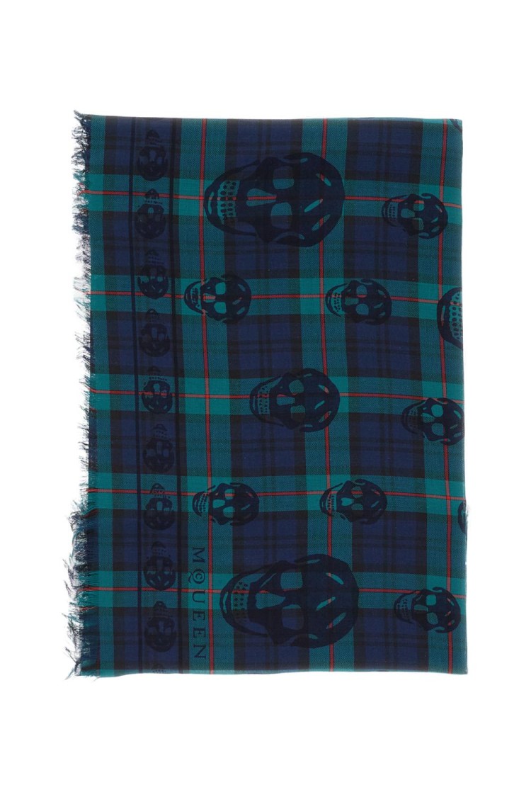 Alexander Mcqueen Tartan Scarf With Printed Skulls And Fringed Edges In Blue