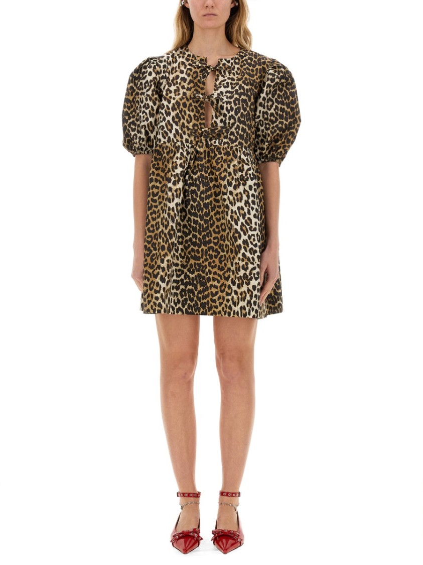 Ganni Printed Tie String Poplin Mini Dress In Brown
