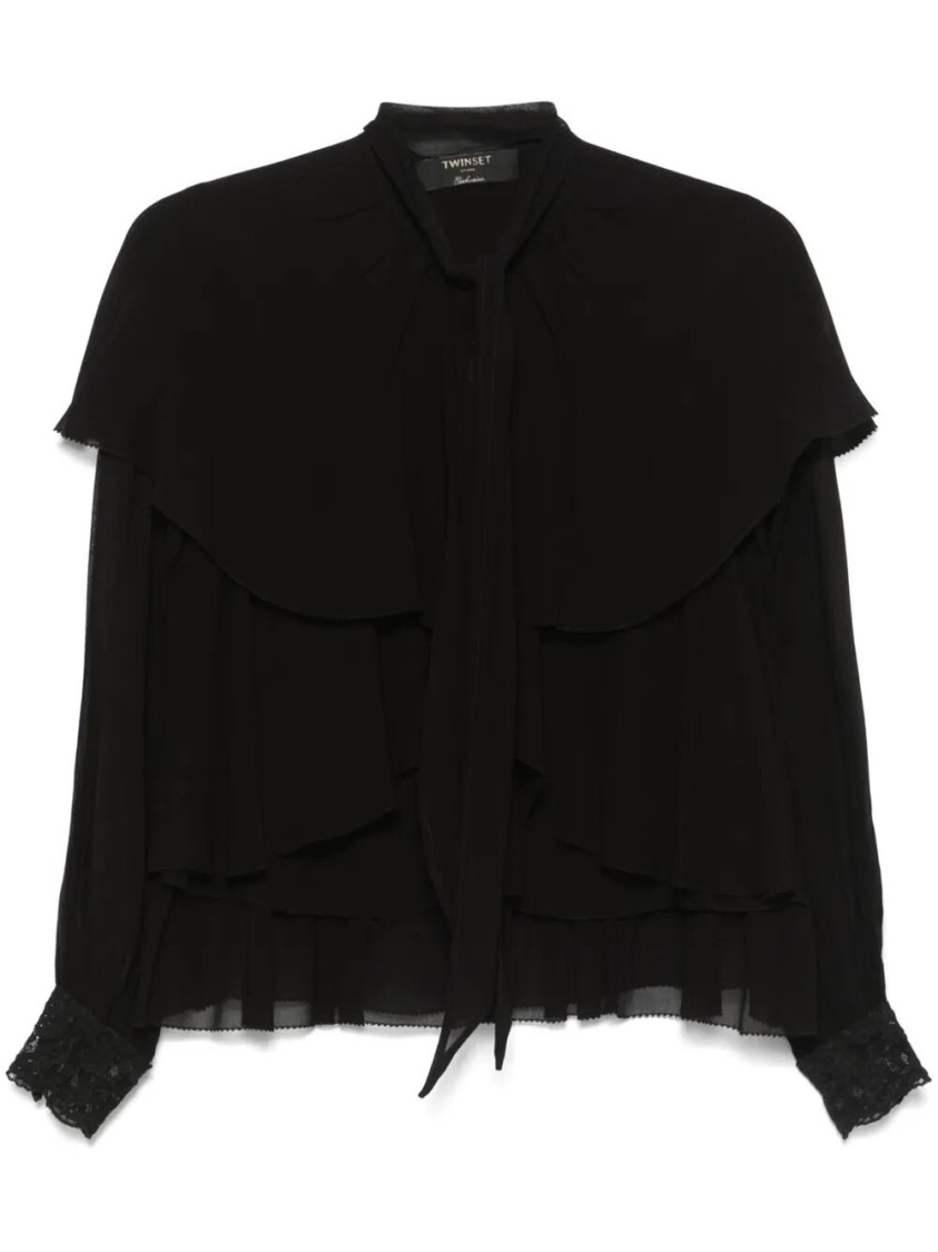 Twinset Twin-set Layered Black Blouse With Ruffled Detailing In Black