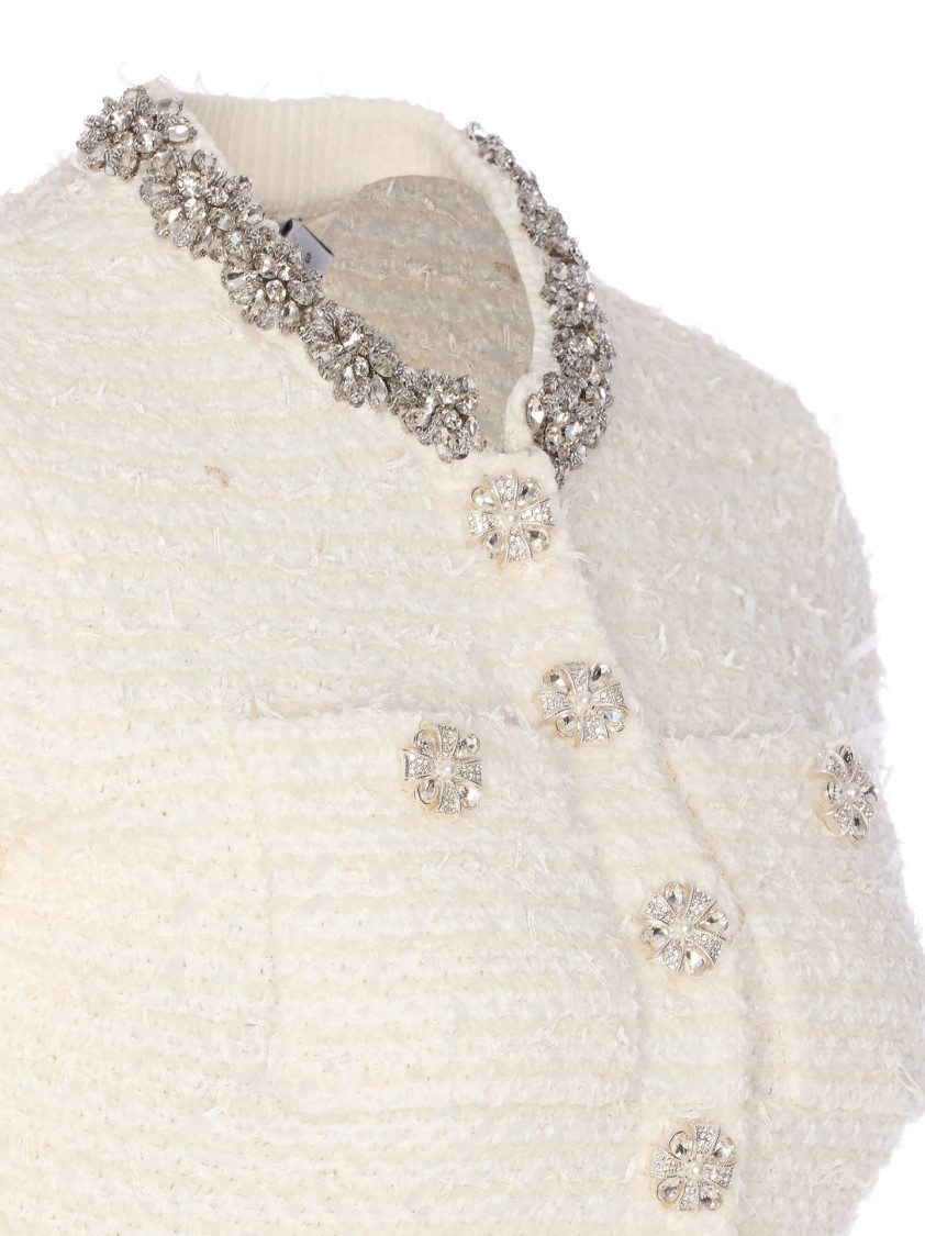 Self-portrait Mini Dress With Knit Tweed Texture And Crystal Accents In Neutral