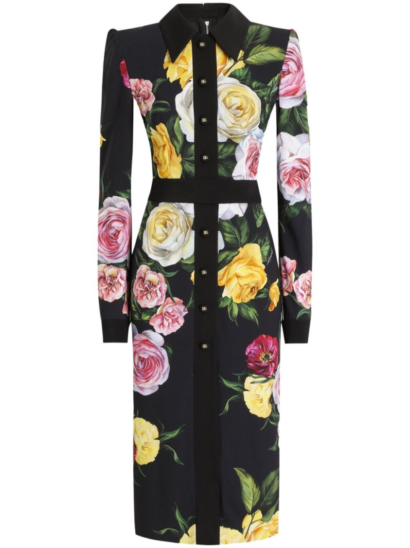 Dolce & Gabbana Multicolor Dress With Classic Collar And All-over Floral Print In Viscose Stretch Woman In Black