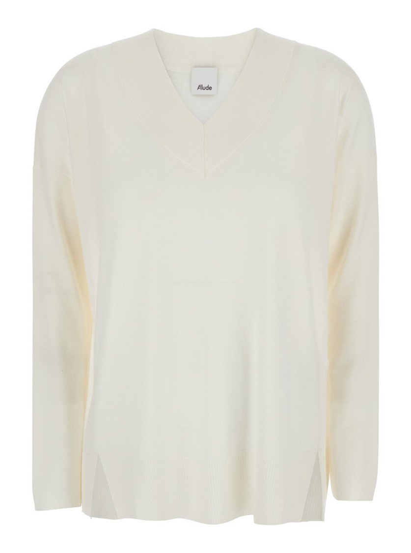 ALLUDE ALLUDE RELAXED FIT WOOL SWEATER WITH V-NECK 