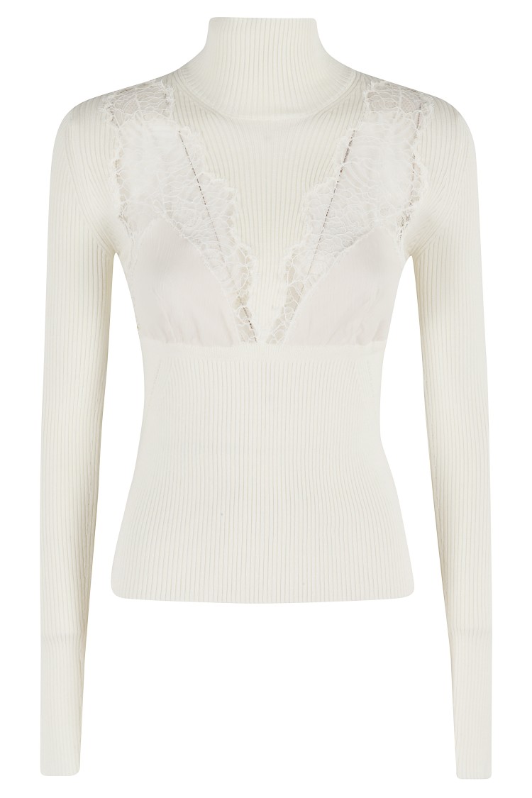 Blumarine Pearl White Turtleneck Knit Sweater With Lace Details In White