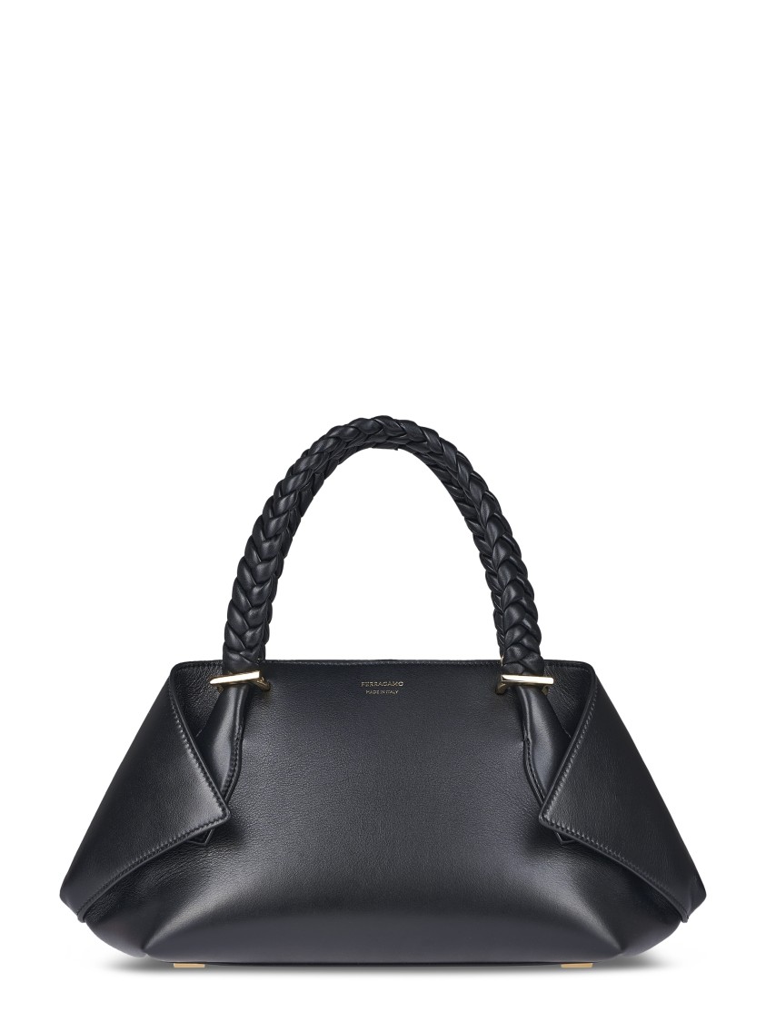 Ferragamo Structured Handbag With Braided Handle And Folded Accents In Gray