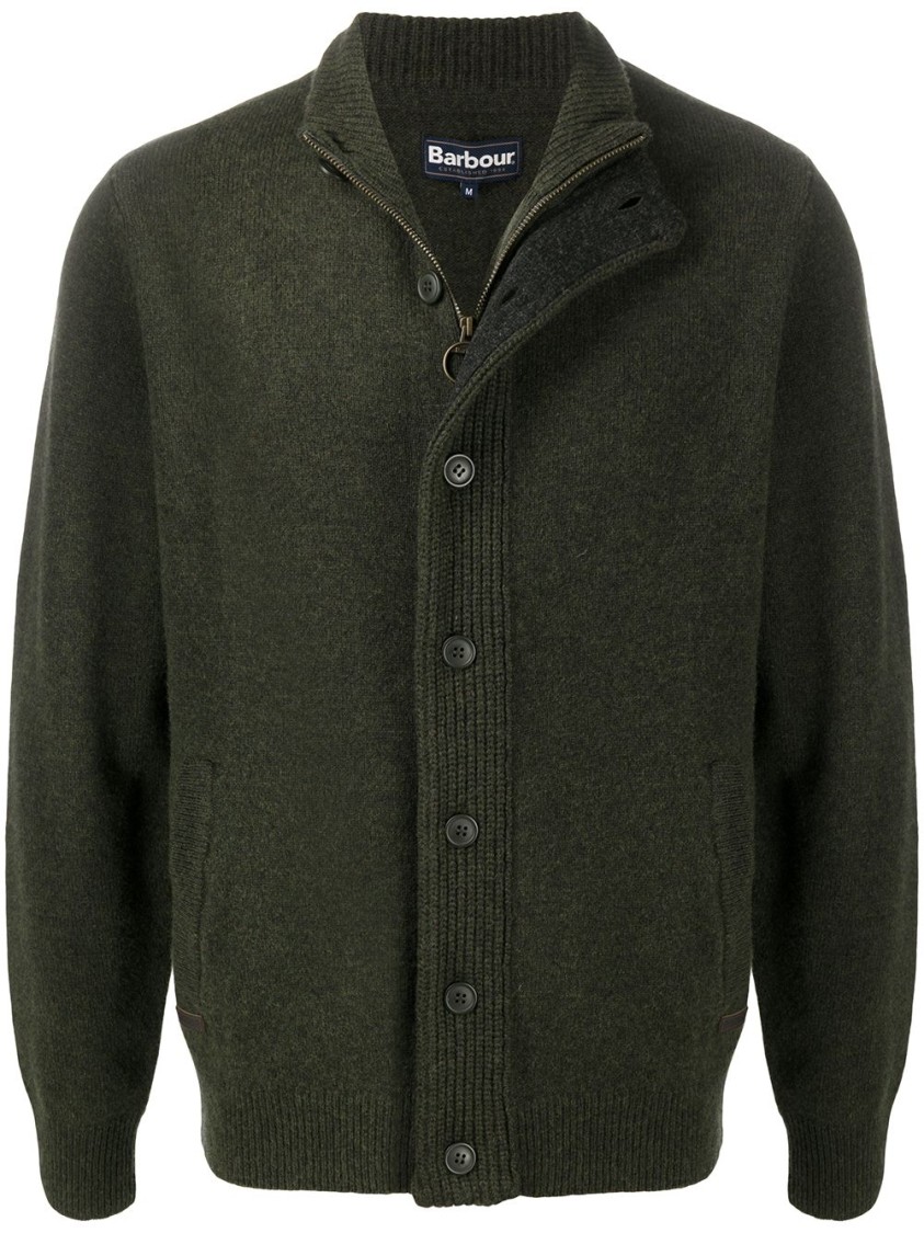 Barbour Seaweed Green Button-front Knit Sweater With Ribbed Detailing In Black