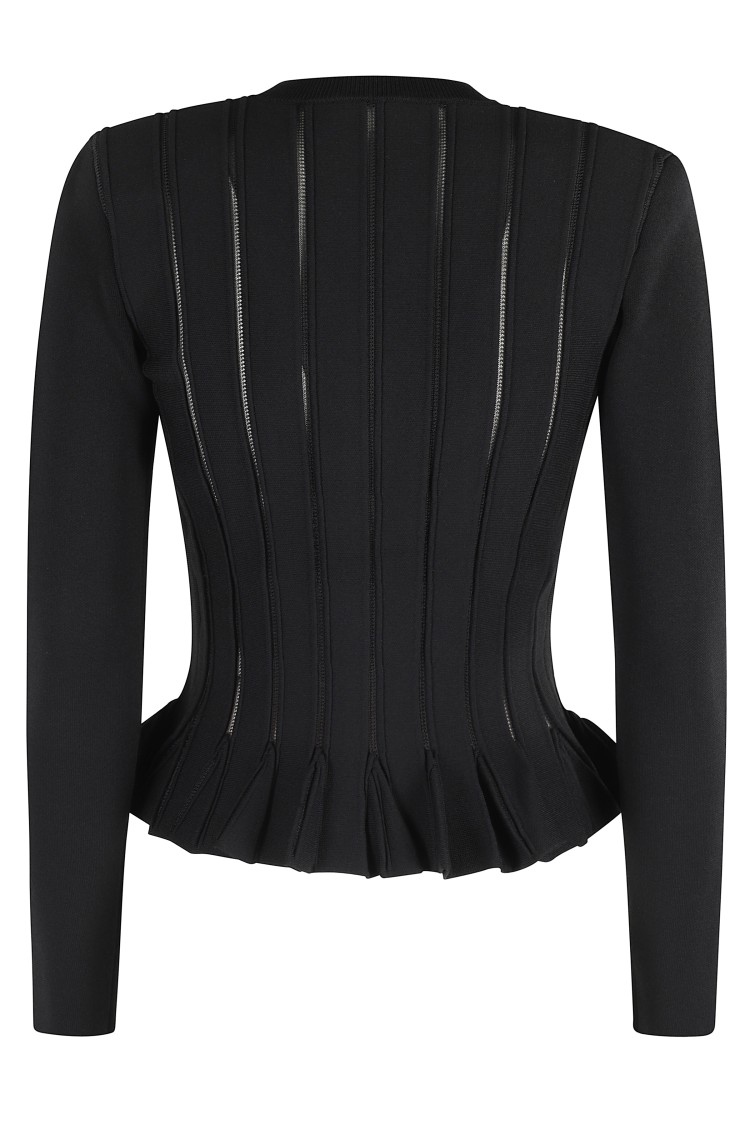 Elisabetta Franchi Tricot Pattern Sweater With Padded Shoulder Straps And Embroidered Hem In Black
