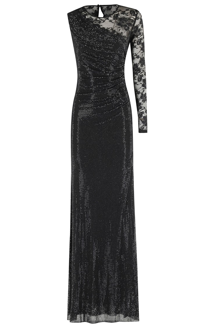 Self-portrait Self Portrait Women Black Rhinestone Mesh And Lace Maxi Dress