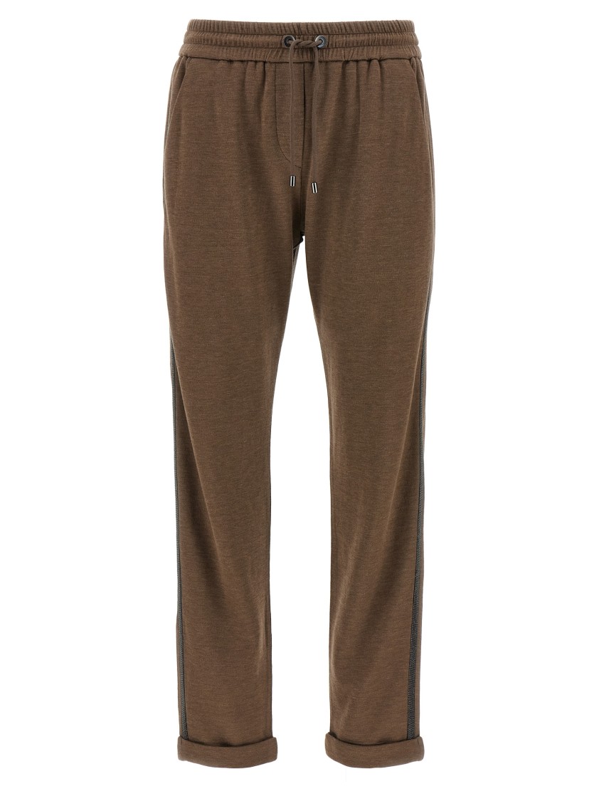 Brunello Cucinelli Cotton-silk Blend Joggers With Side Monile Detail In Brown