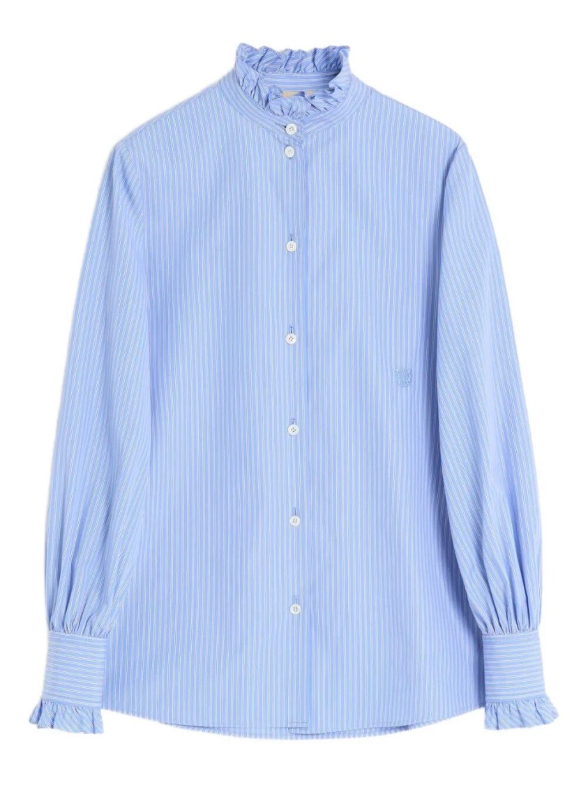 Valentino Classic Striped Cotton Top With Ruffled Collar In Blue