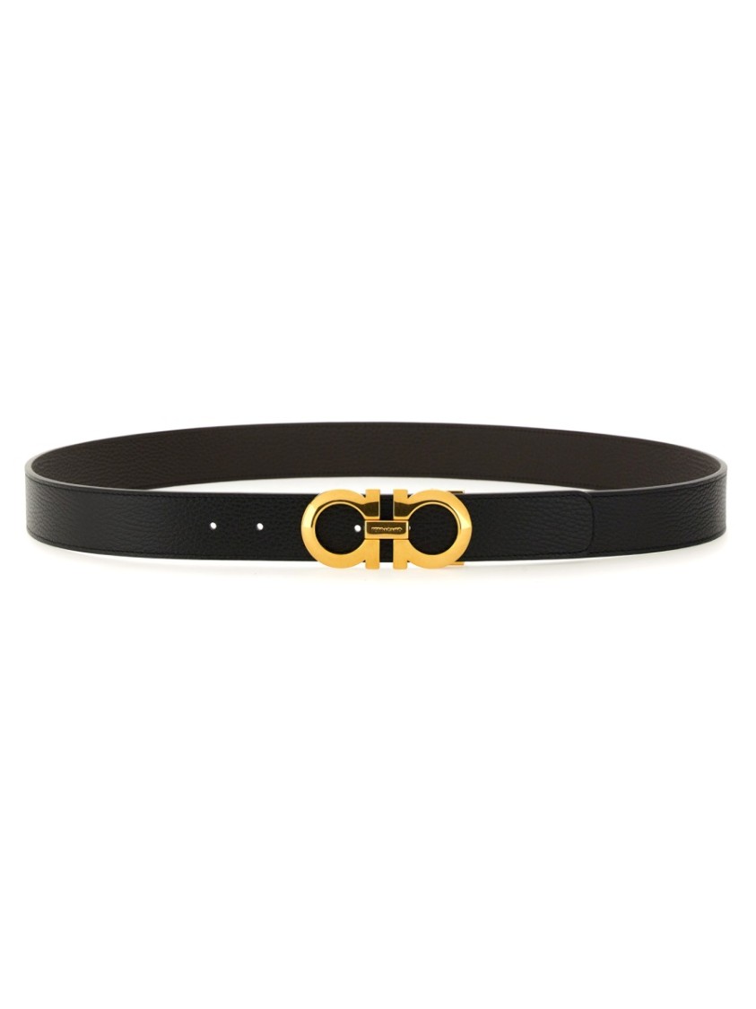 Ferragamo Gancini Belt With Textured Finish In Brown
