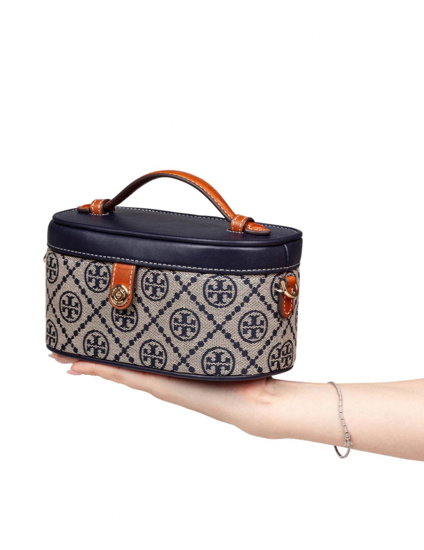 Tory Burch Leather And T Monogram Fabric Vanity Case In Gray