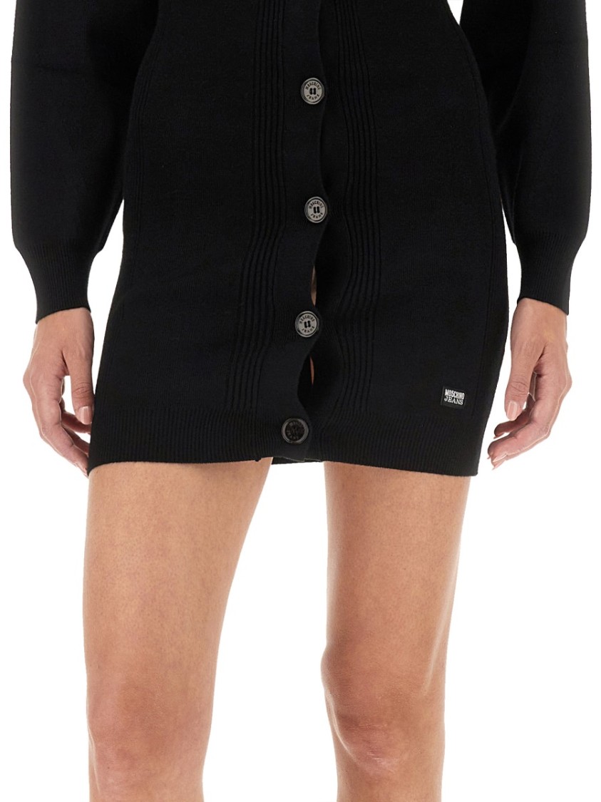 Moschino Ribbed Mini Dress With Button-down Front In Black