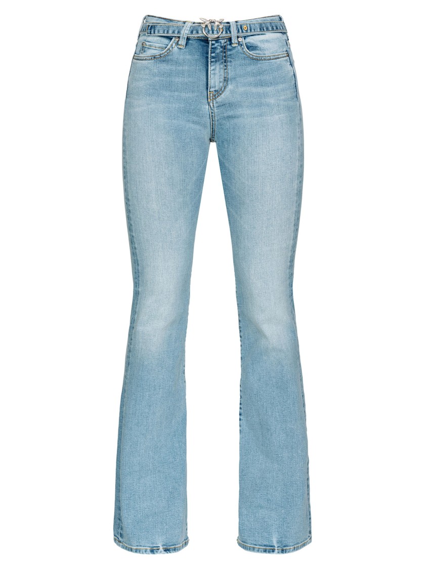 Shop Pinko Flared Vintage Blue Jeans With Love Birds Diamond Cut Buckle