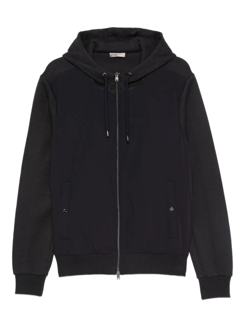 Herno Hooded Drawstring Jackets With Ribbed Finish In Black