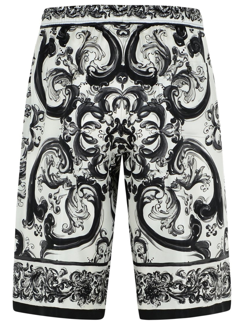 Dolce & Gabbana Maiolica Black And White Shorts With Elastic Drawstring Closure And All-over Print In Silk Man In Black