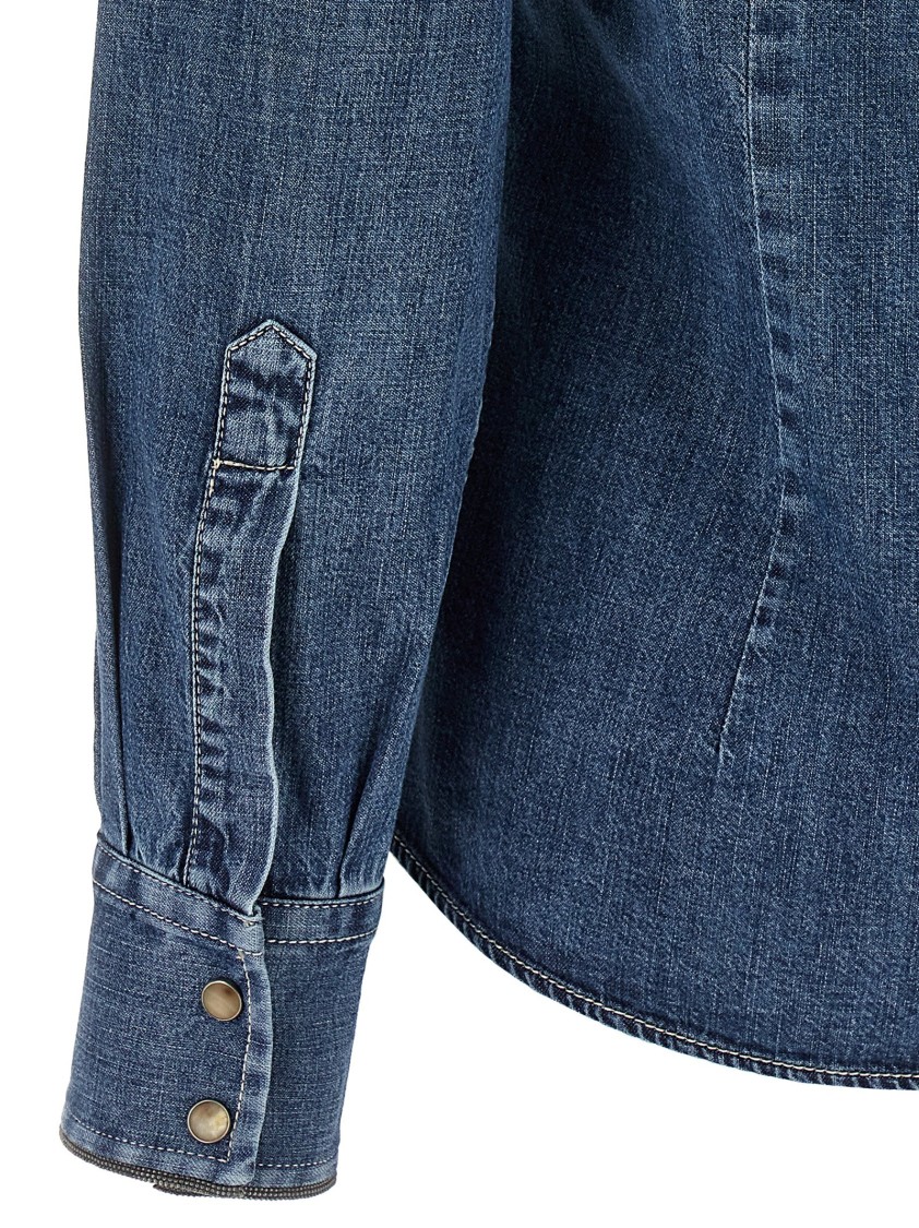 Brunello Cucinelli Cotton Denim Shirt With Structured Collar In Blue