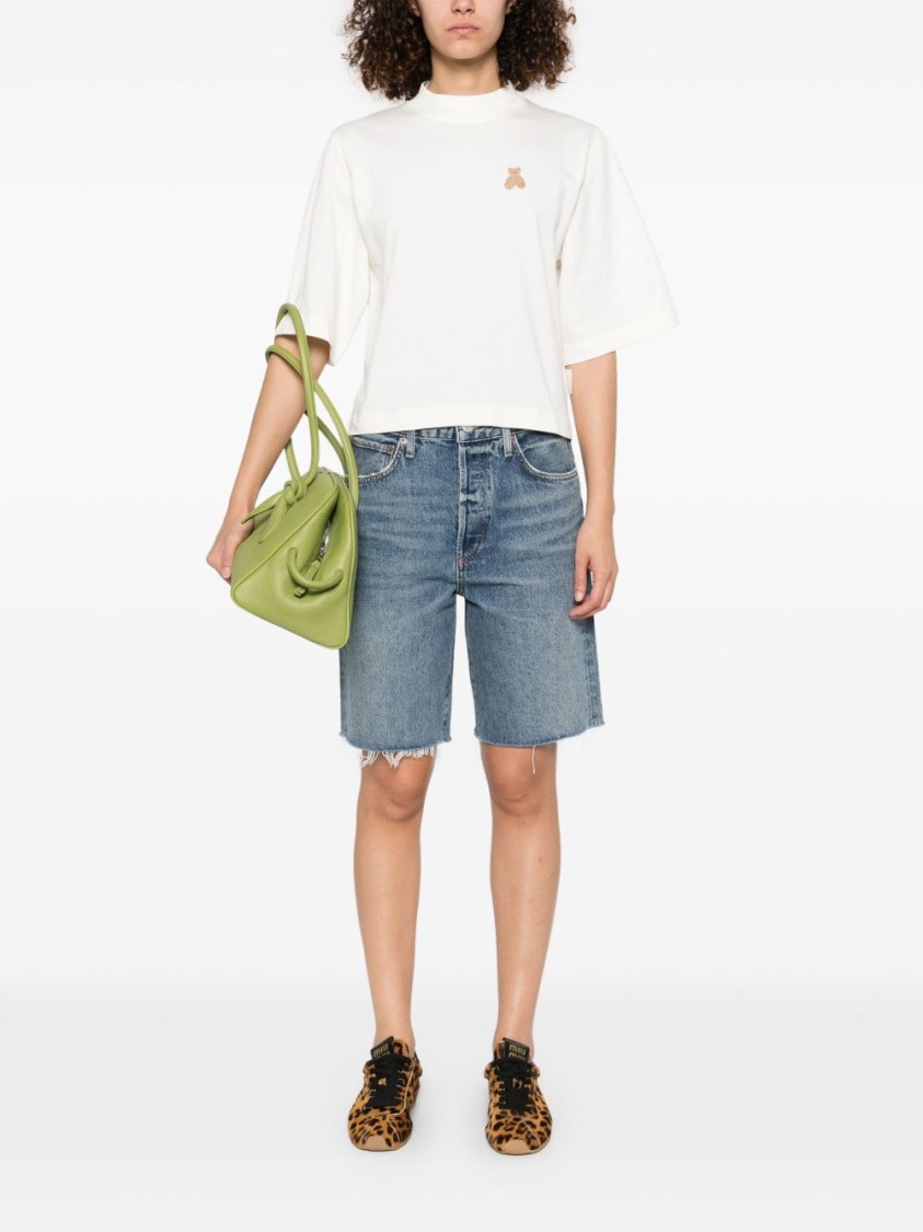 Shop Palm Angels White T-shirt With Cropped Fit And Embroidered Bear Motif