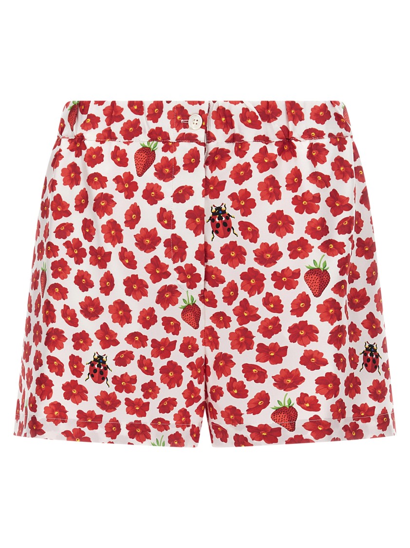 Versace 'floral Ladybug Strawberry' Elastic Waistband Shorts In Red