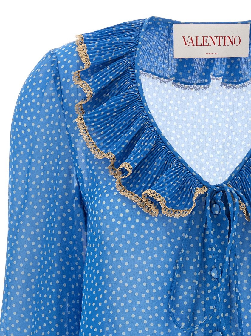Valentino Garavani Micro-polka Dot Silk Georgette Shirt In Blue