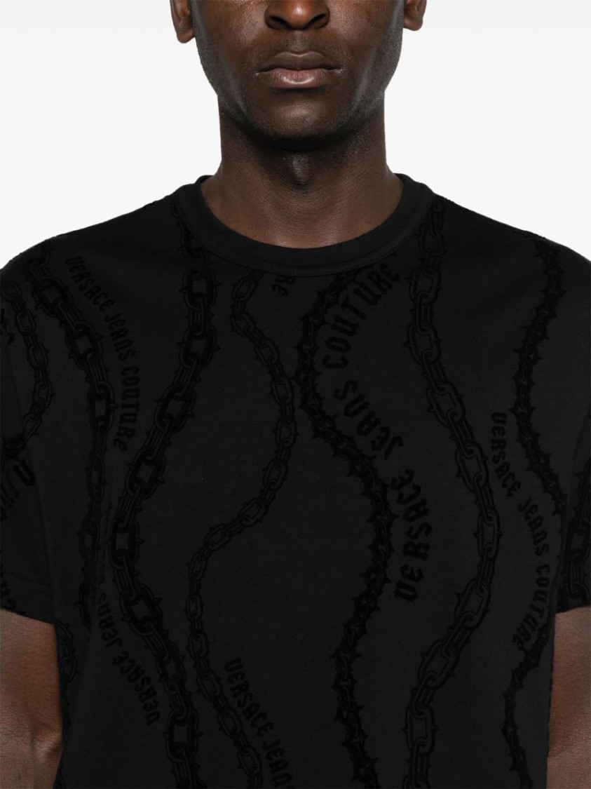 Shop Versace Jeans Couture Textured Pattern Black T-shirt With Classic Crew Neckline