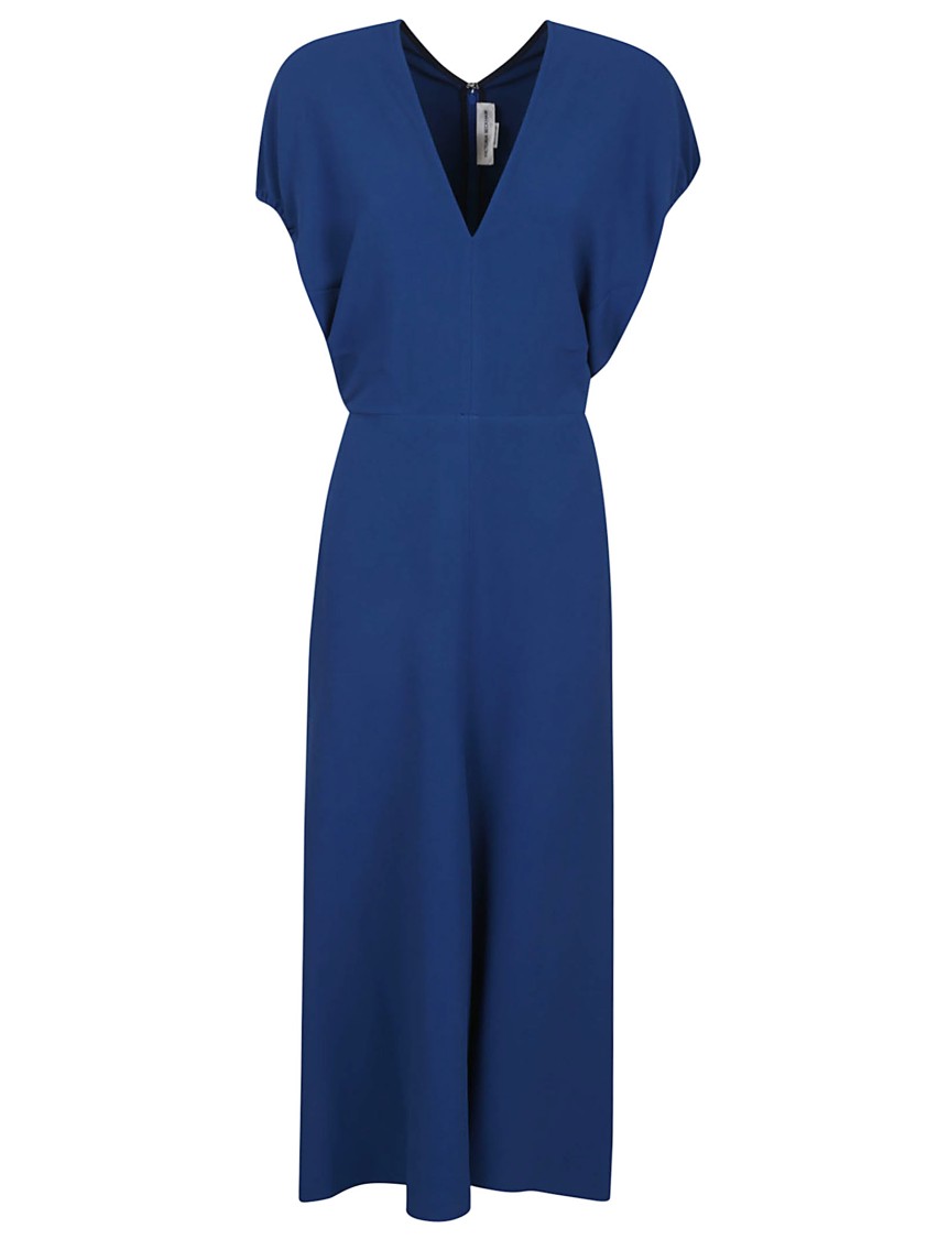 Victoria Beckham Deep V-neck Midi Dress With Draped Sleeves In Blue