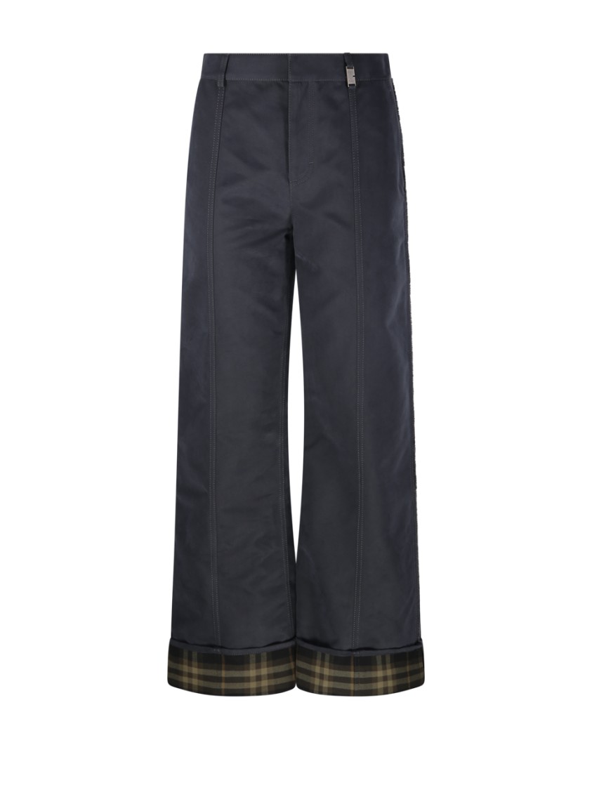 Shop Burberry Wide-leg Pants With Classic Plaid Cuffs In Grey