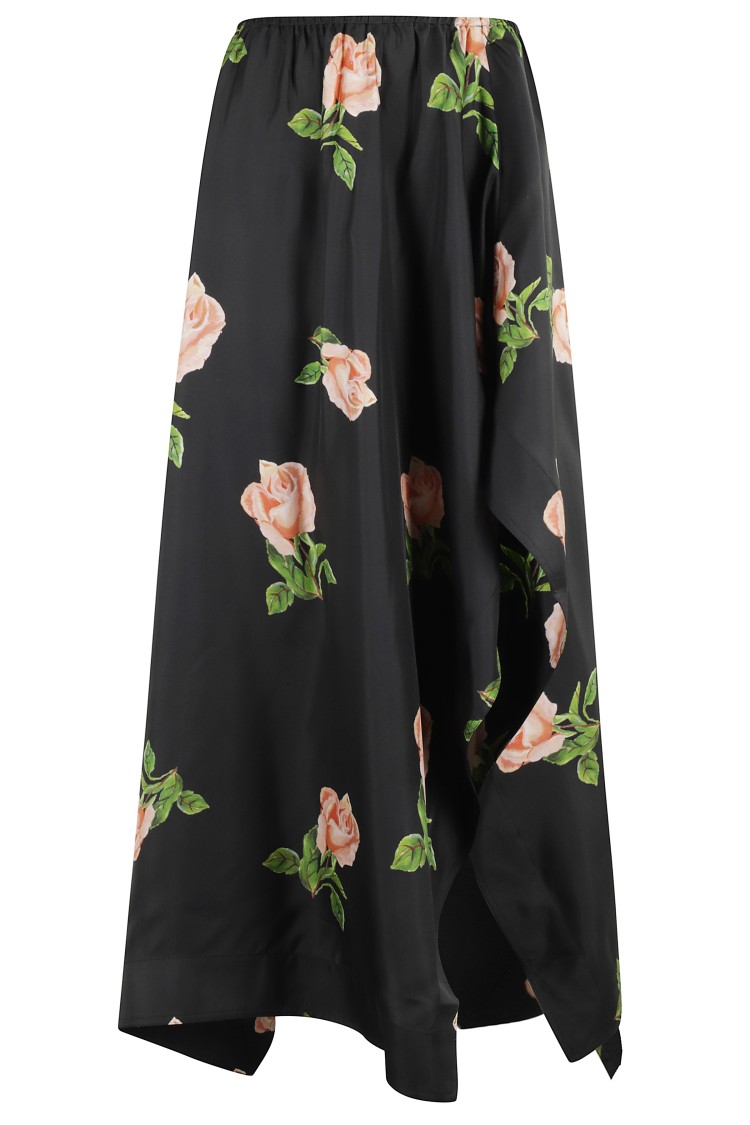 Nanushka Asymmetrical Black Midi Skirt With Striking Rose Print In Black