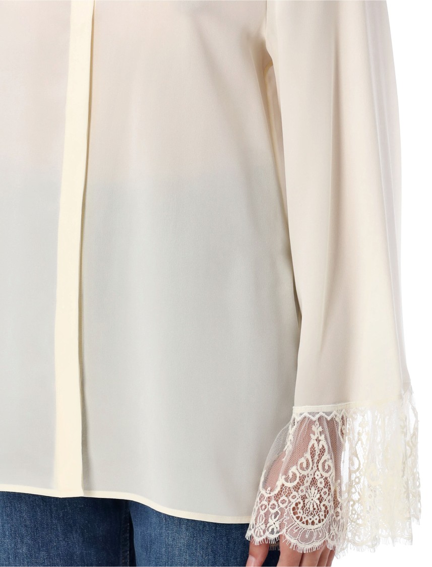 Chloé Button Down Crepe De Chine Top With Lace Sleeves In White