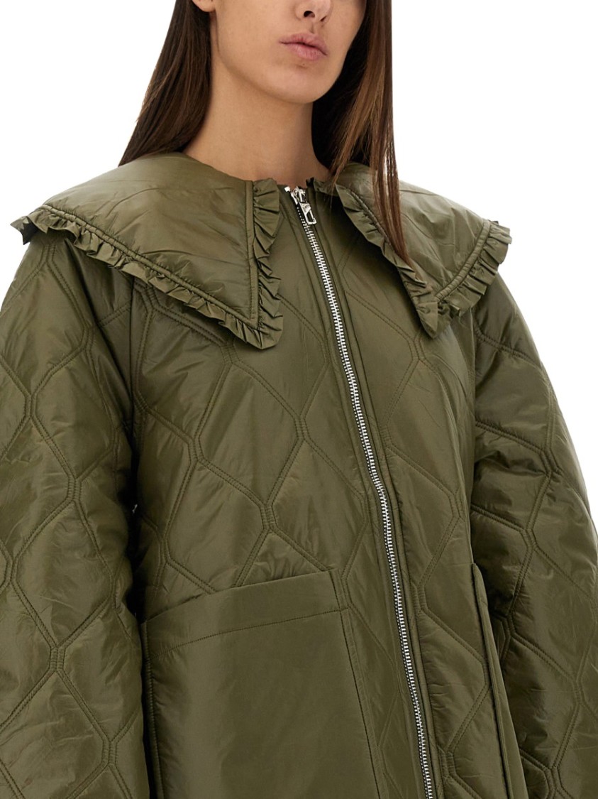 Ganni Lightweight Down Jacket With Oversized Collar In Green