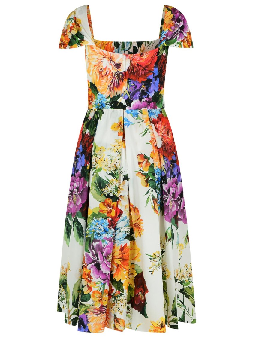 Dolce & Gabbana Floral Bouquet Popeline Cap-sleeve Pleated Dress In Multi