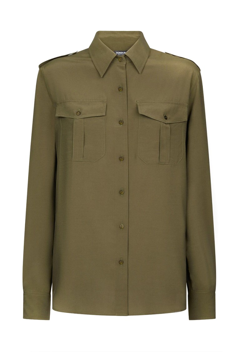 Dondup Vibrant Green Button-up Shirt With Epaulets And Dual Chest Pockets