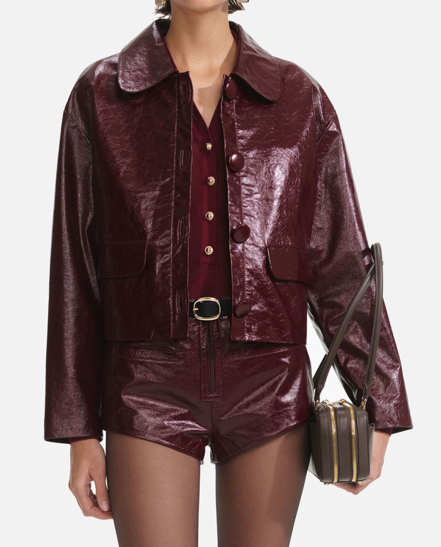 Self-portrait Leather Cropped Jacket In Burgundy