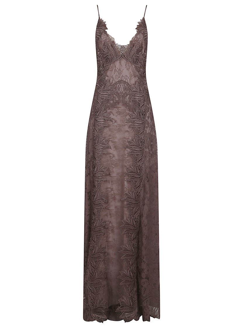 Alberta Ferretti Maxi Dress With Intricate Lace Embroidery And Sheer Overlay