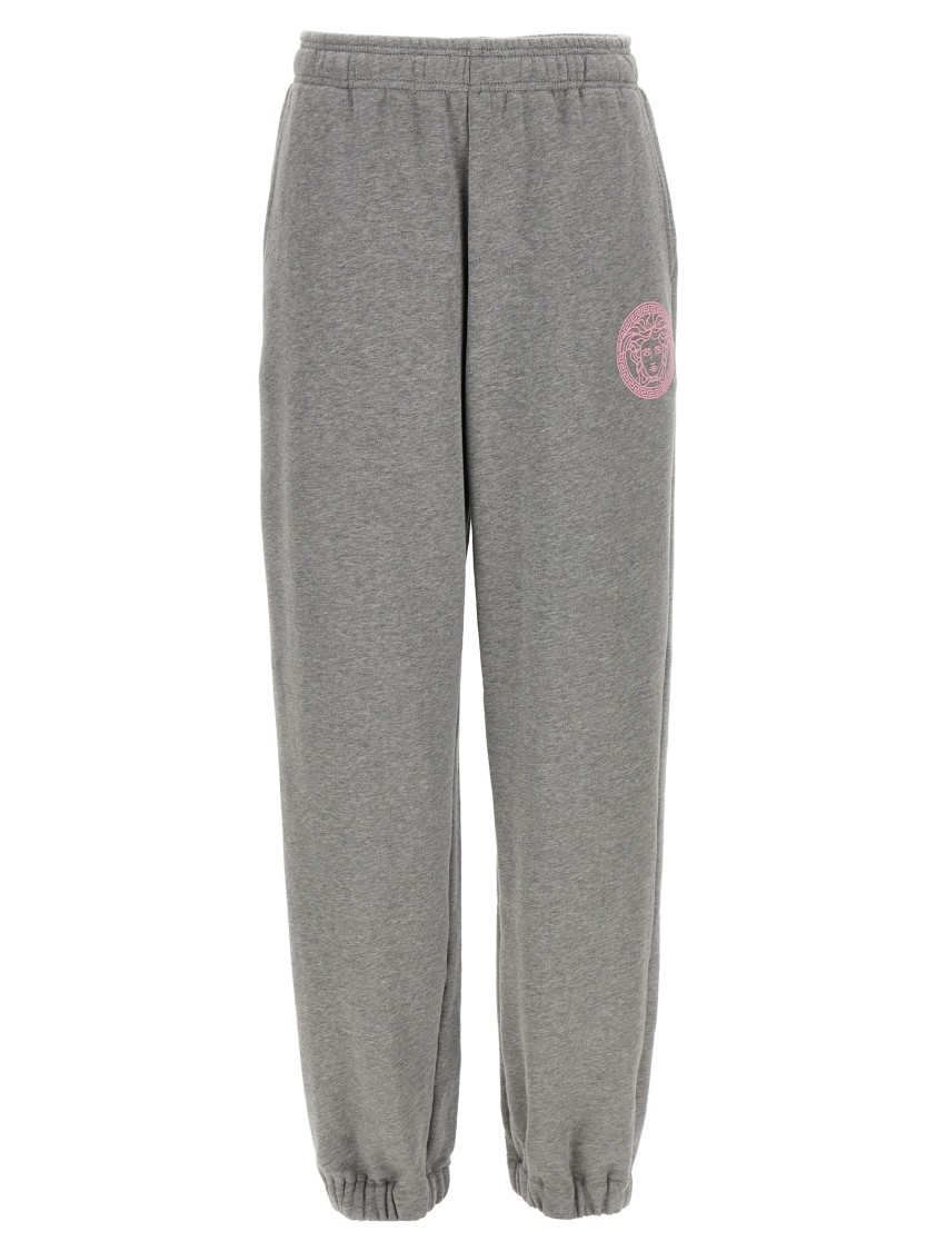 Versace Brushed Cotton Joggers With Embossed Logo In Gray