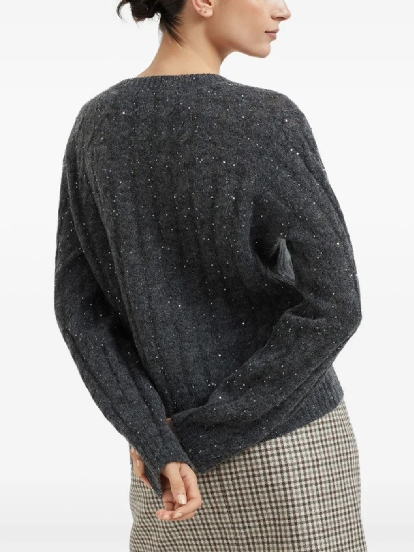 Brunello Cucinelli Textured Ribbed V-neck Sweater With Sparkling Details In Gray