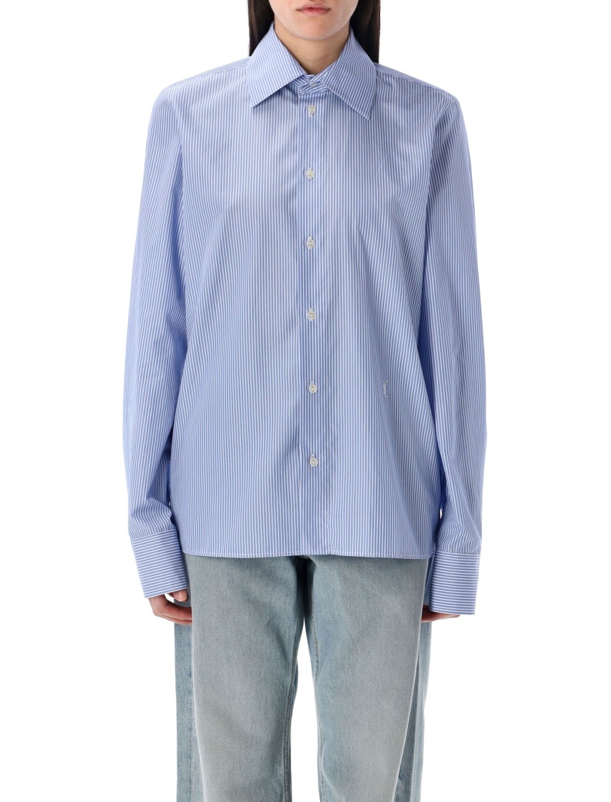 Saint Laurent Cassandre Striped Long-sleeved Shirt In Blue