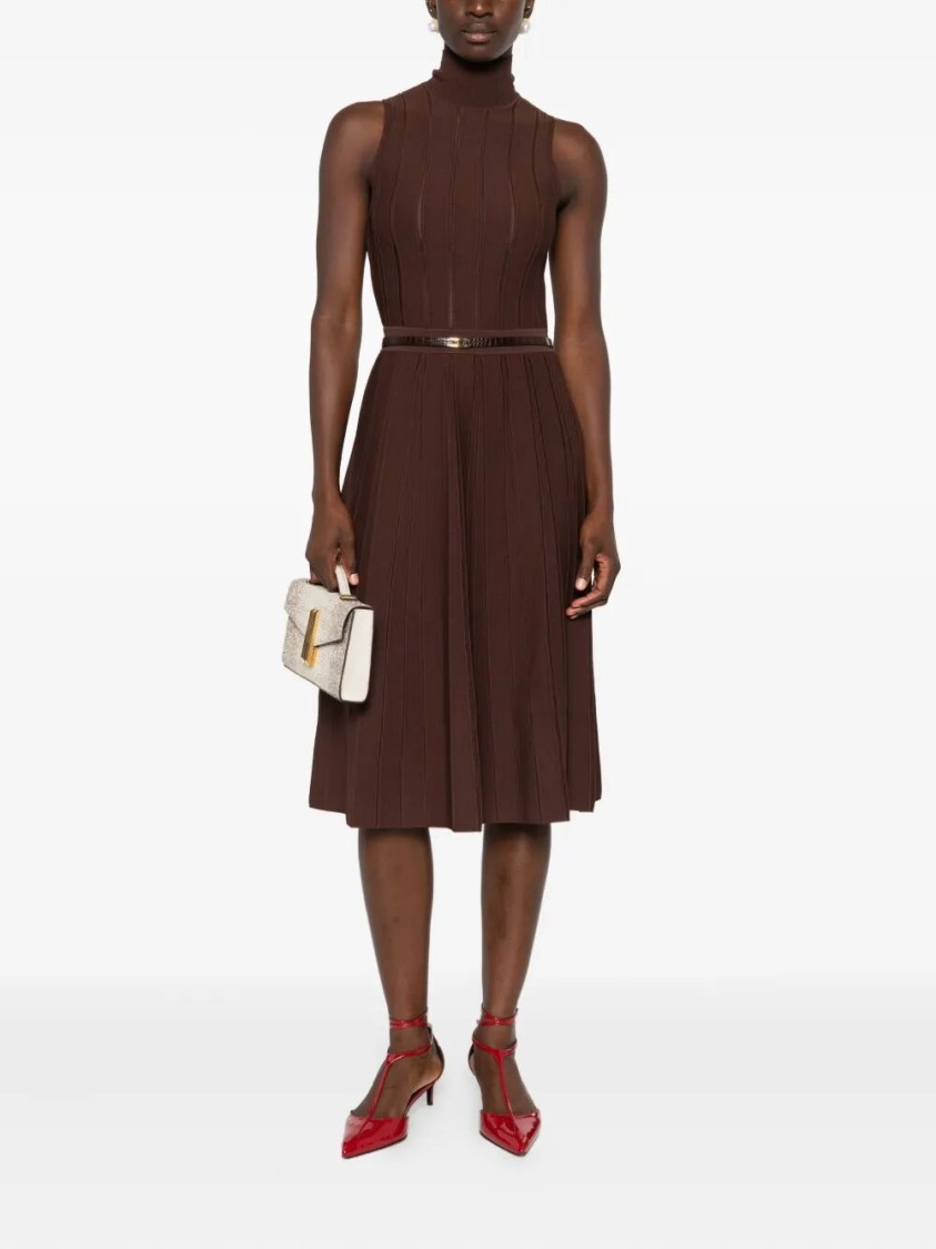 Elisabetta Franchi Ribbed Turtleneck Belted Maxi Dress In Brown