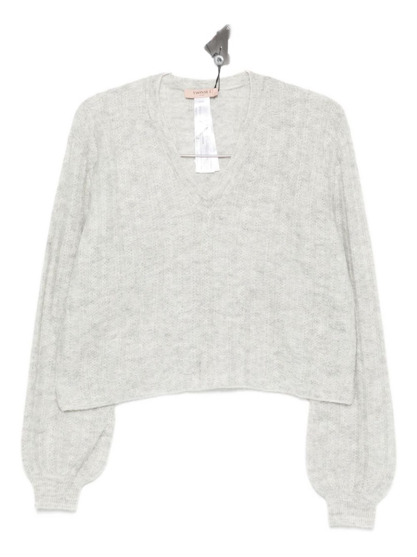 Twinset Twin-set Cropped V-neck Sweater With Balloon Sleeves And Textured Knit In Gray