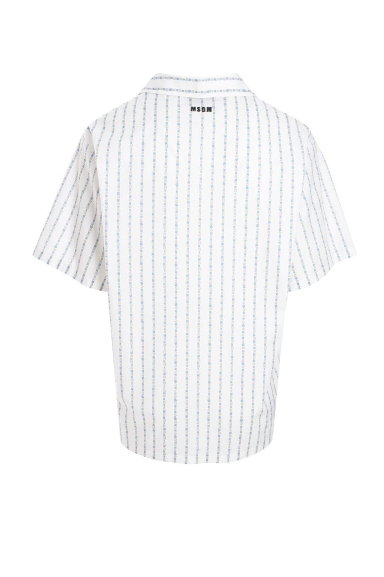 Msgm Short-sleeved Striped Shirt With Floral Accents In White
