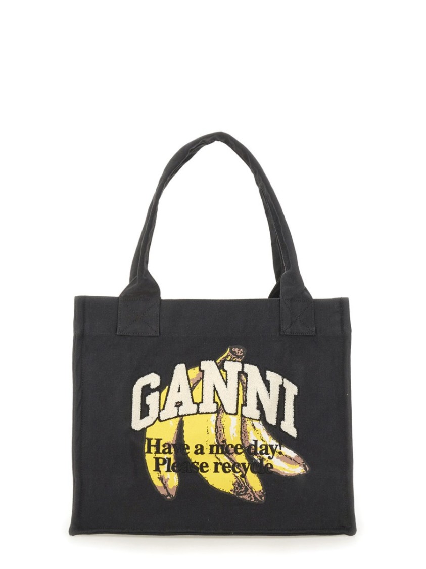 Ganni Banana Print Large Tote Bag With Structured Shape In Black