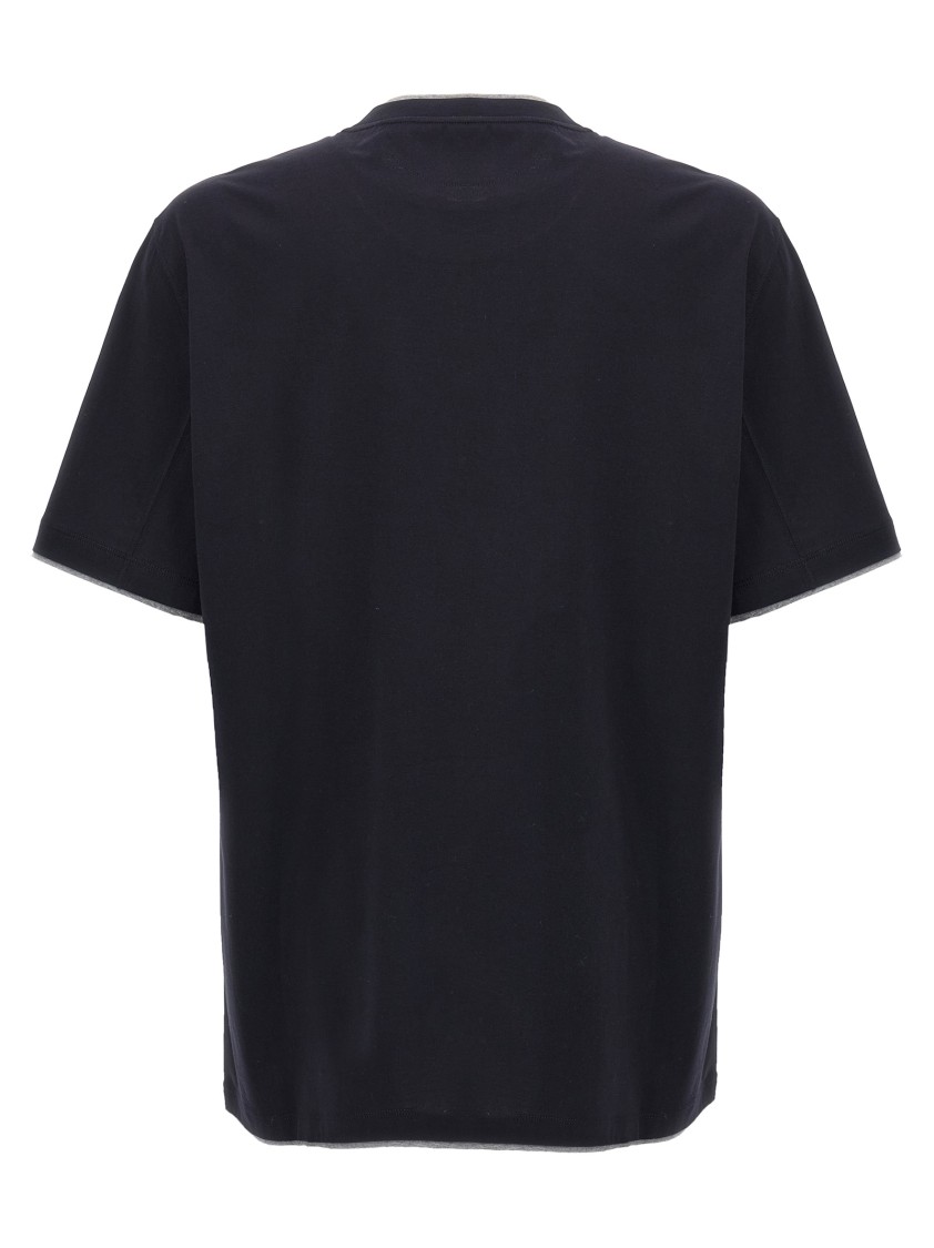 Brunello Cucinelli Double Layer Crewneck T-shirt Featuring Elegant Piping In Blue