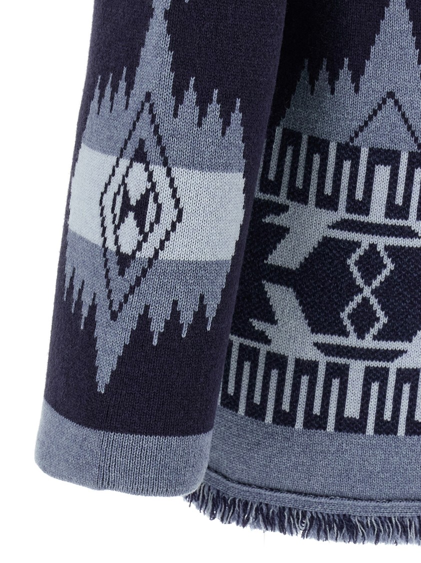 Alanui 'geometric Shawl Collar Cardigan With Fringed Edges' In Blue