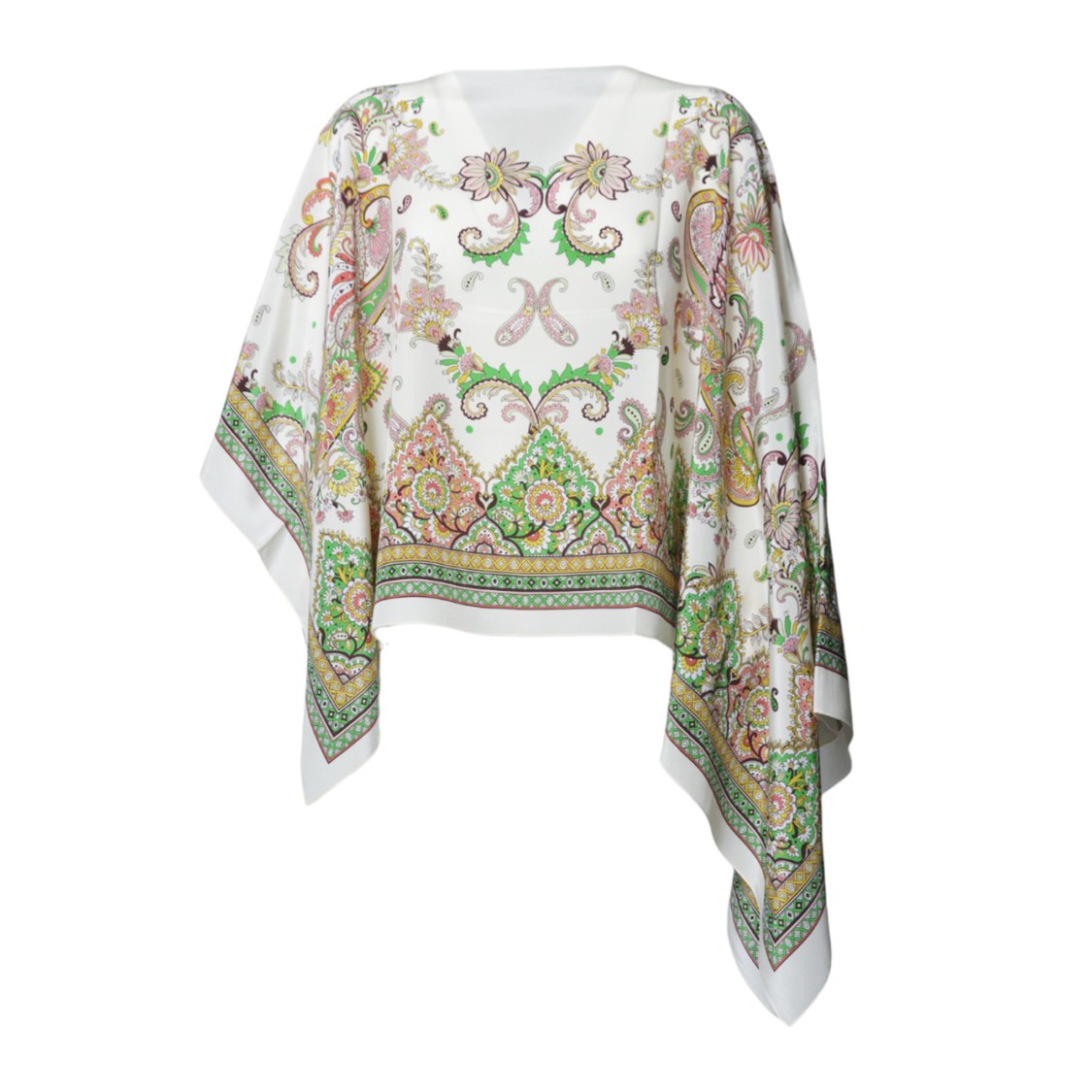 Shop Etro Cream Silk Poncho With Floral Paisley Print