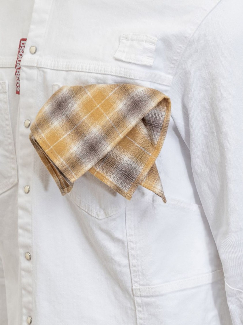 Dsquared2 White Cotton Denim Carpenter Shirt With Checked Pocket Square In White