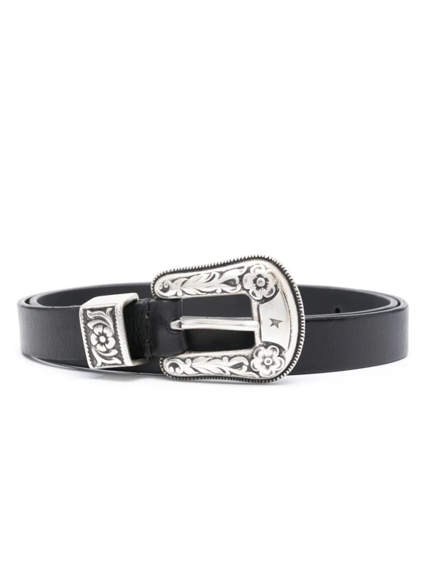Golden Goose Black Cow Leather Belt With Intricate Silver Buckle In Black