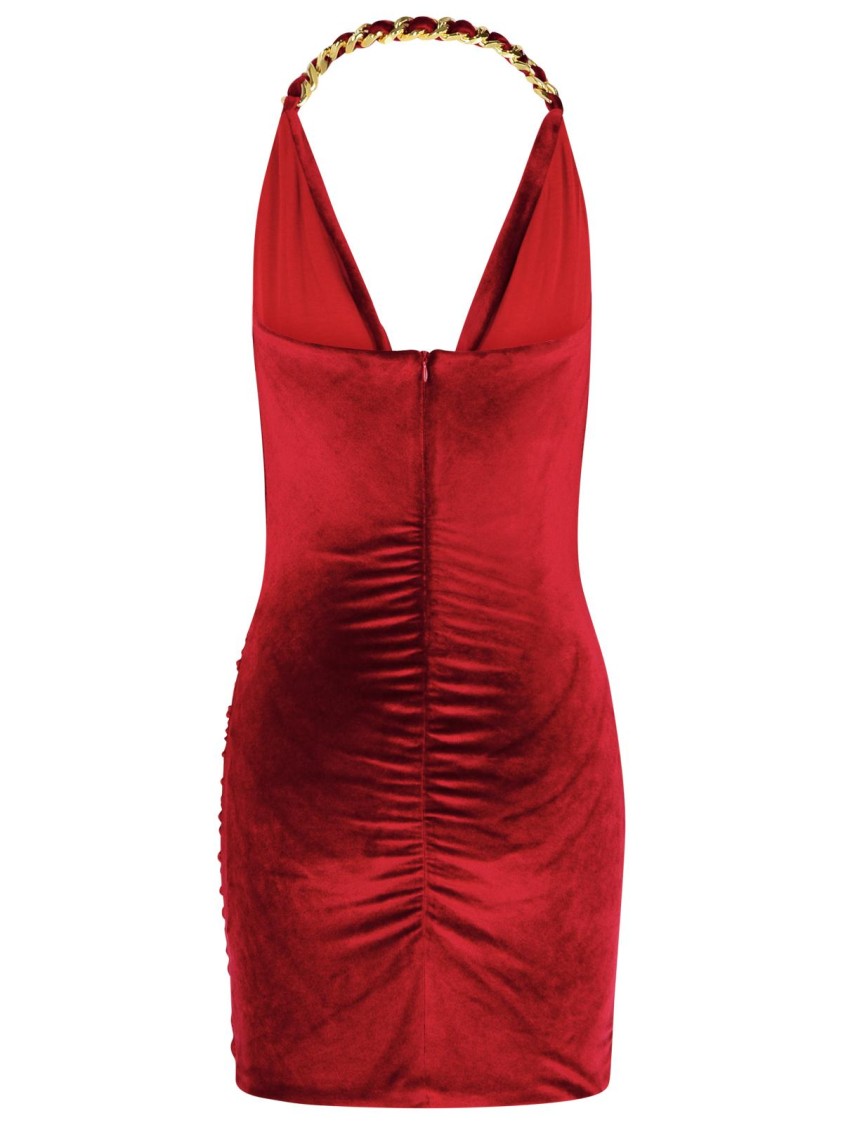 Balmain Chain Draped Velvet Minidress In Red
