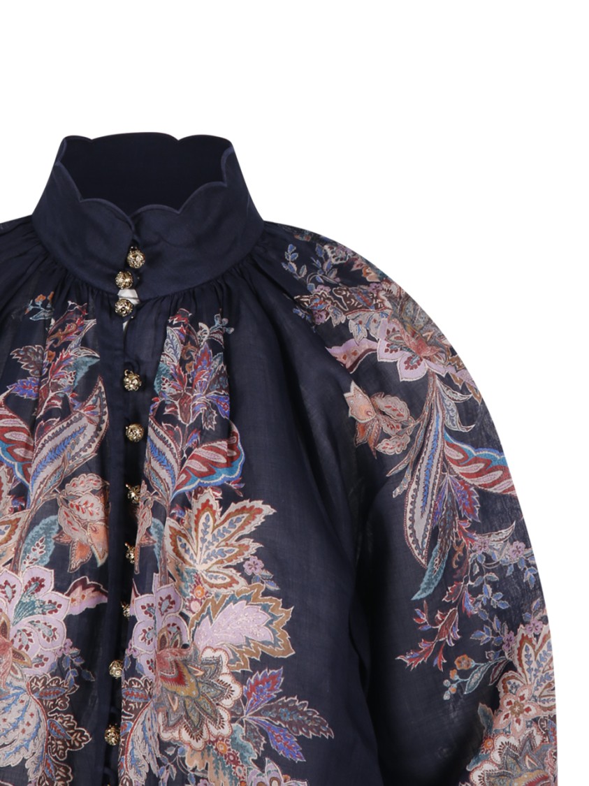 Zimmermann Rhiannon Billow Blue Blouse With High Neck And All-over Paisley Print In Ramie Woman In Blue