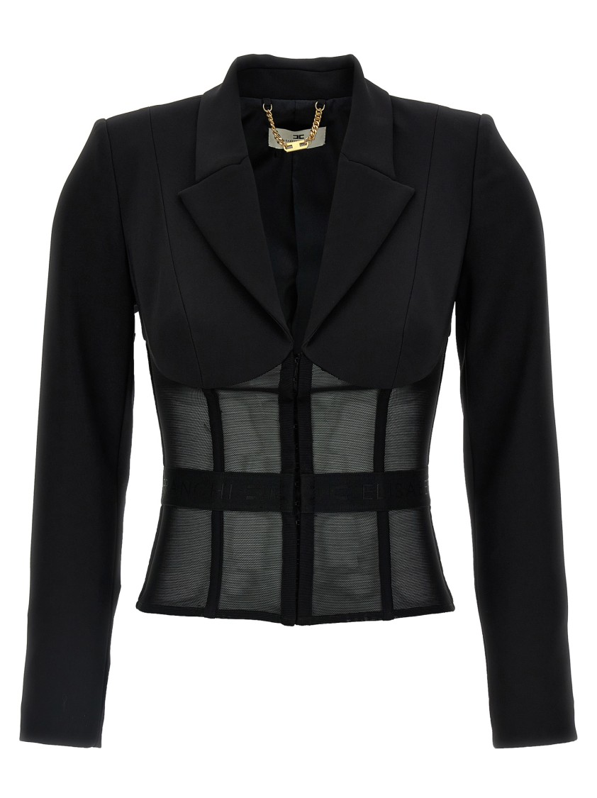 Elisabetta Franchi Tailored Blazer With Sheer Tulle Panels In Black