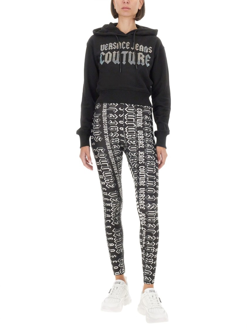 Shop Versace Jeans Couture Cropped Black Sweatshirt With Hood And Logo Detail